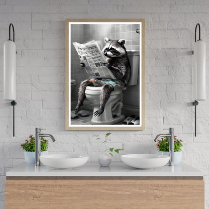 A full-view shot of the framed print, showing the funny raccoon in a bathroom setting.