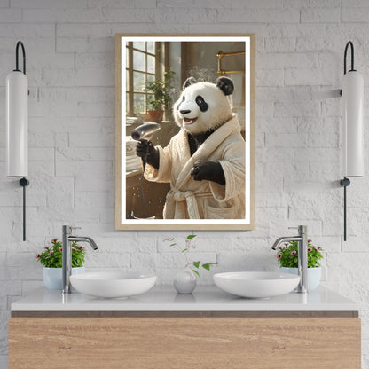 A close-up view showing the Panda's delighted expression as it dries its fur, with steam rising.