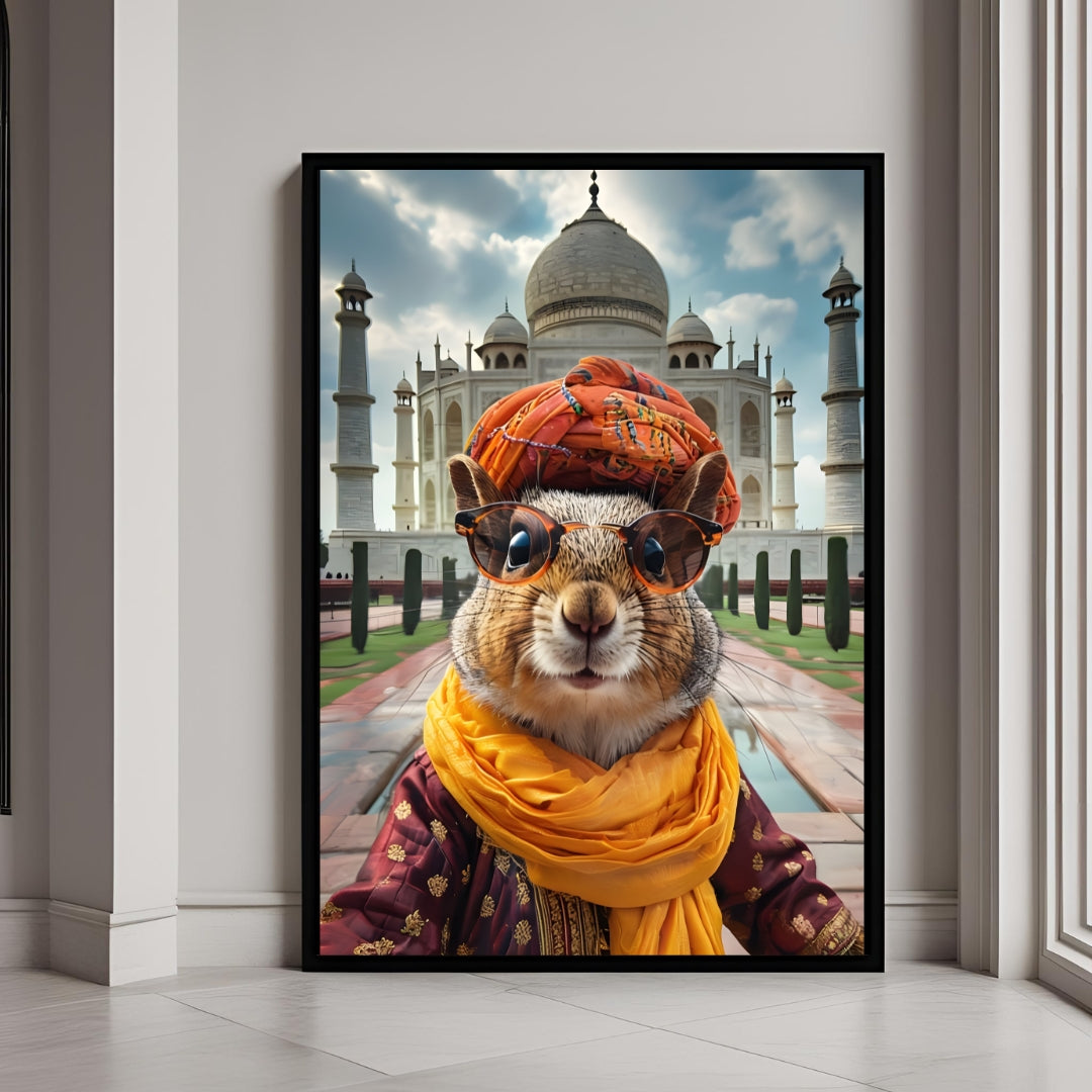 A funny framed art print of a squirrel wearing a turban and sunglasses, taking a selfie in India.