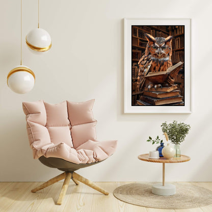 A full-view shot of the framed print, showing the distinguished owl surrounded by old books.