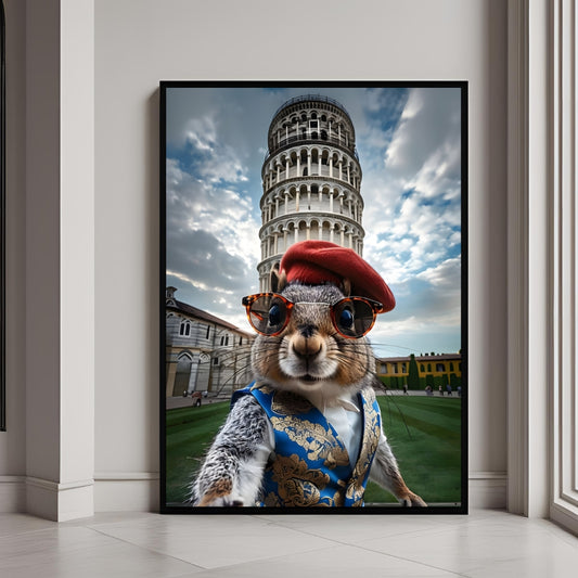 A funny framed art print of a squirrel wearing an Italian-themed outfit, taking a selfie in front of the Leaning Tower of Pisa.