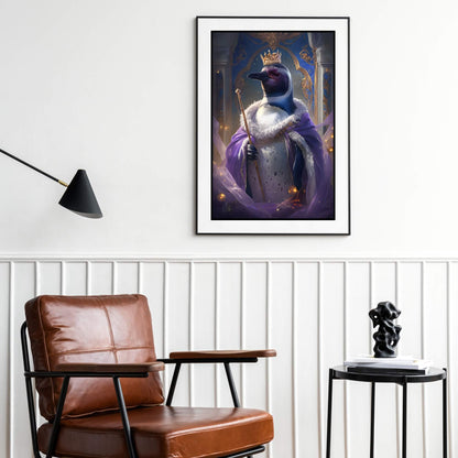 A high-quality painting of a majestic penguin holding a scepter, perfect for a royal animal theme.