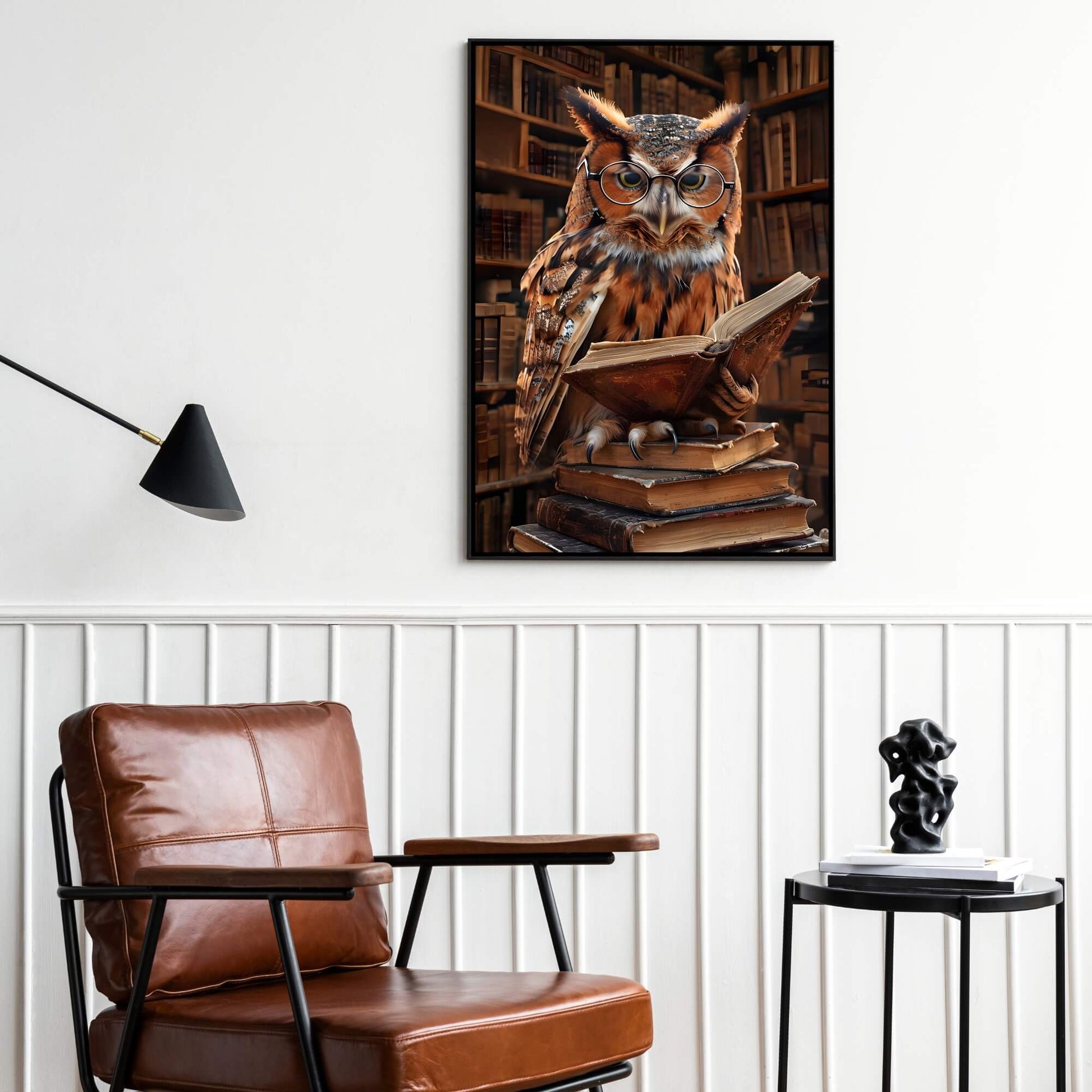 A detailed painting of an owl on a stack of books, perfect for a library or academic office.