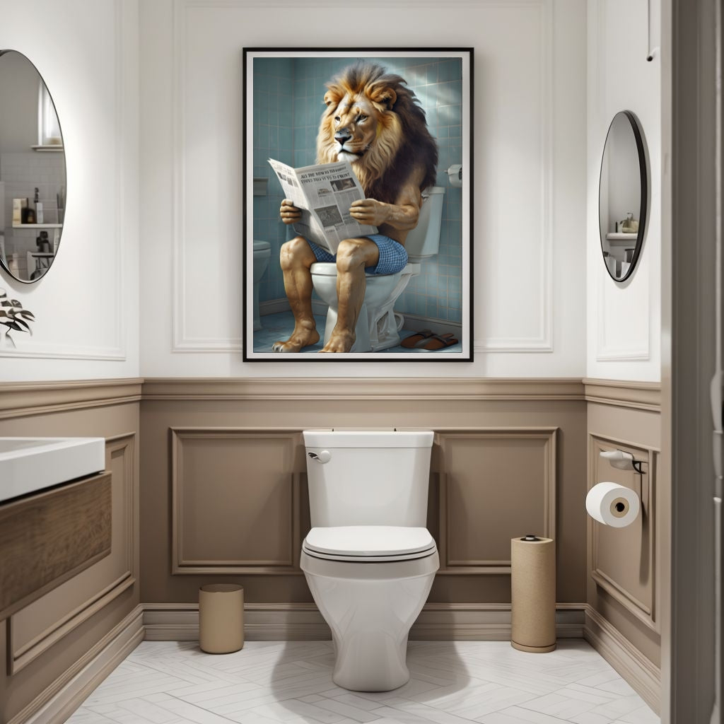 A close-up, angled view of the lion on a toilet art print, highlighting the high-quality matte paper and vibrant colors.