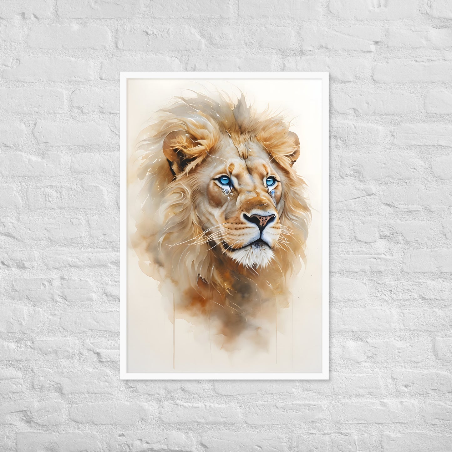 Close-up detail of the powerful lion's head, showing the textured watercolor mane and the warm, natural tones.