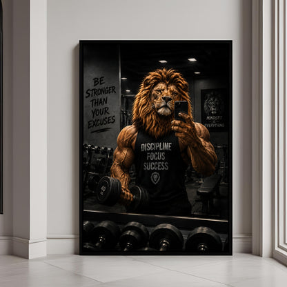 Motivational lion gym wall art in a premium framed print