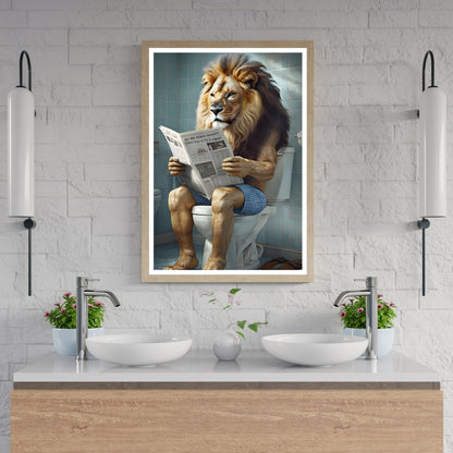 The lion on a toilet framed print hanging on a gray bathroom wall, showcasing it as the perfect funny bathroom decor piece.

