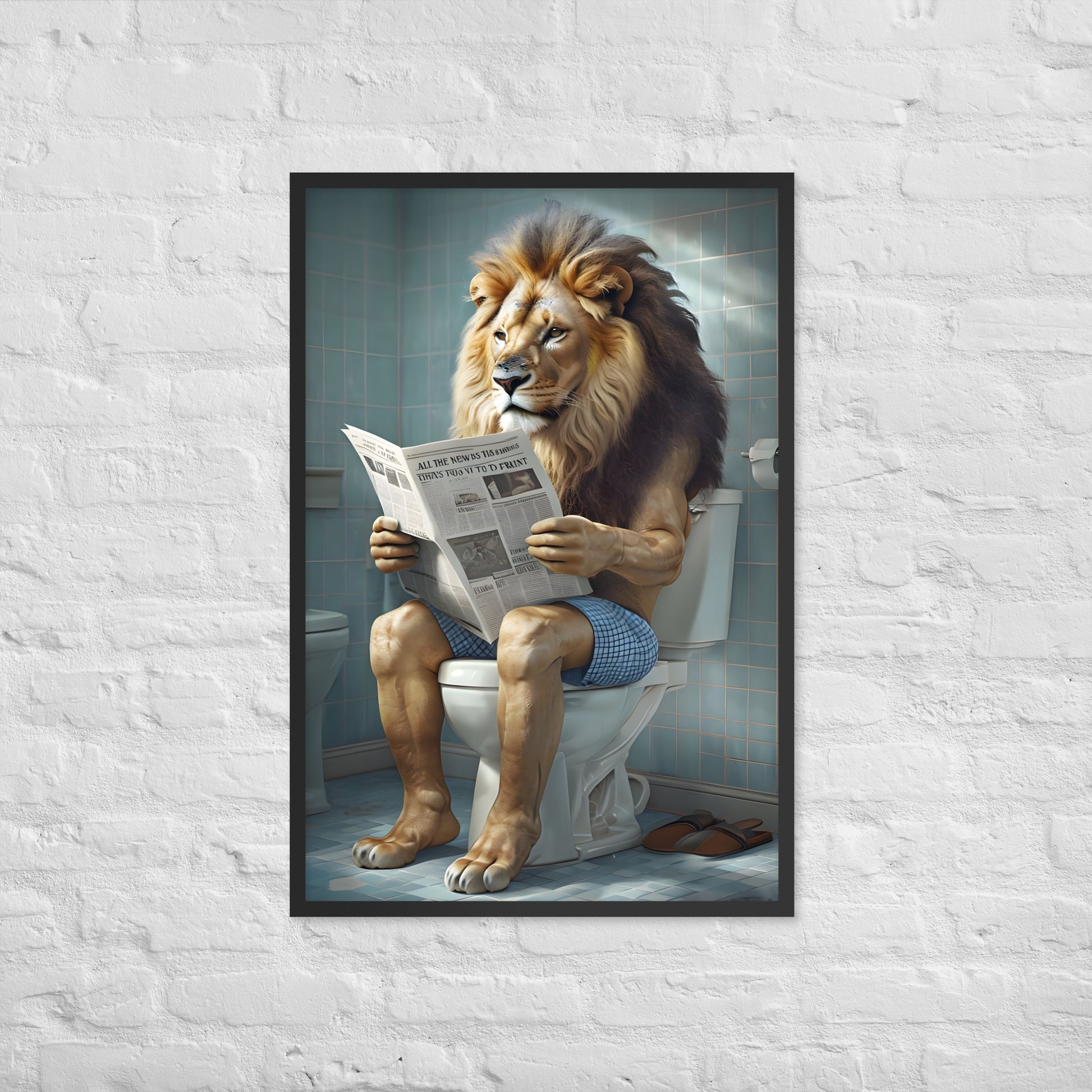 A close-up shot of the lion's face in the art print, showing the humorous expression and detailed artwork.