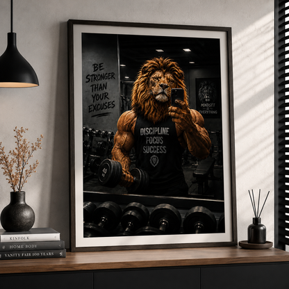 Motivational Lion Gym Wall Art | Discipline Focus Success Framed Print