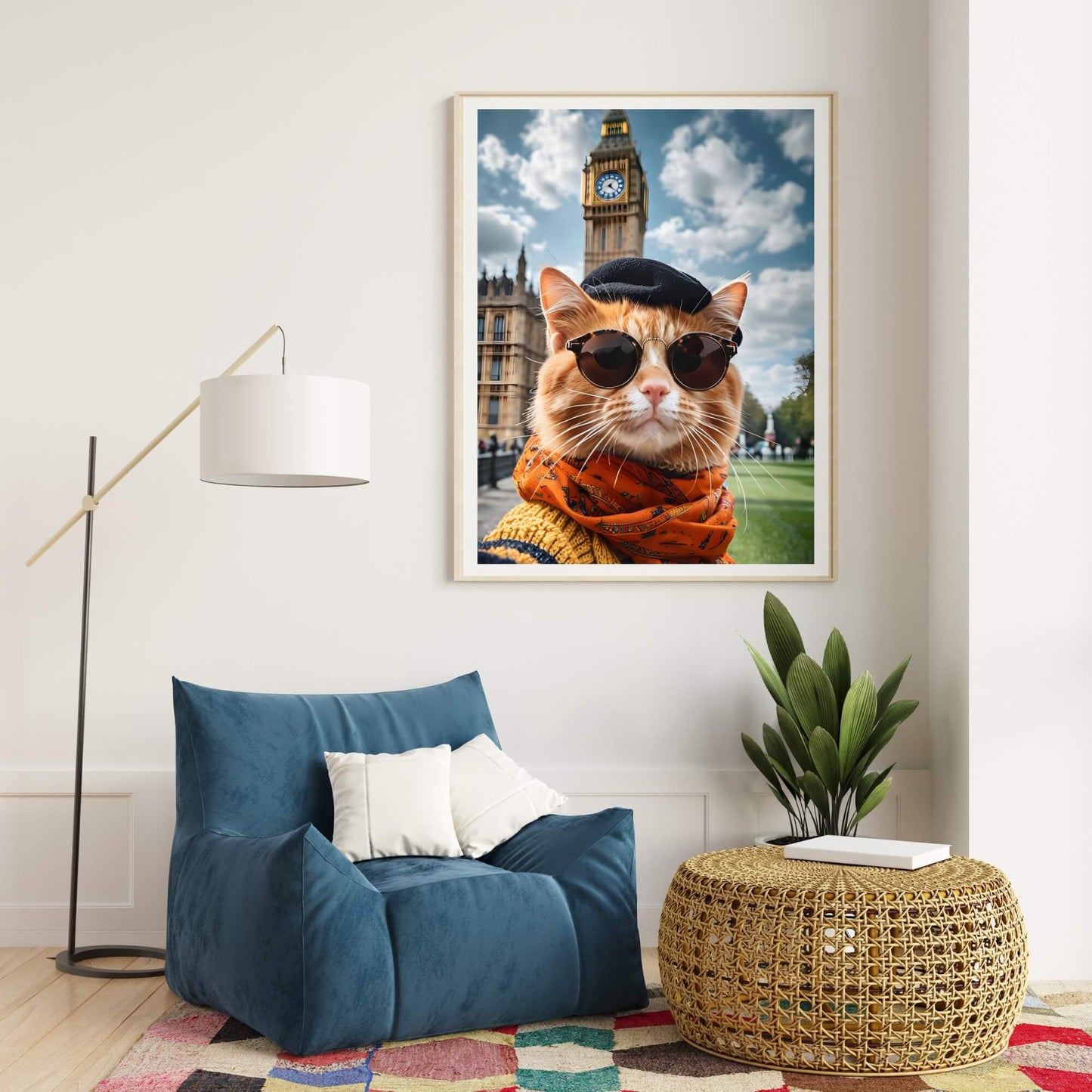 A humorous art print of a cat acting like a tourist in London, perfect for adding a fun touch to a living room or office.