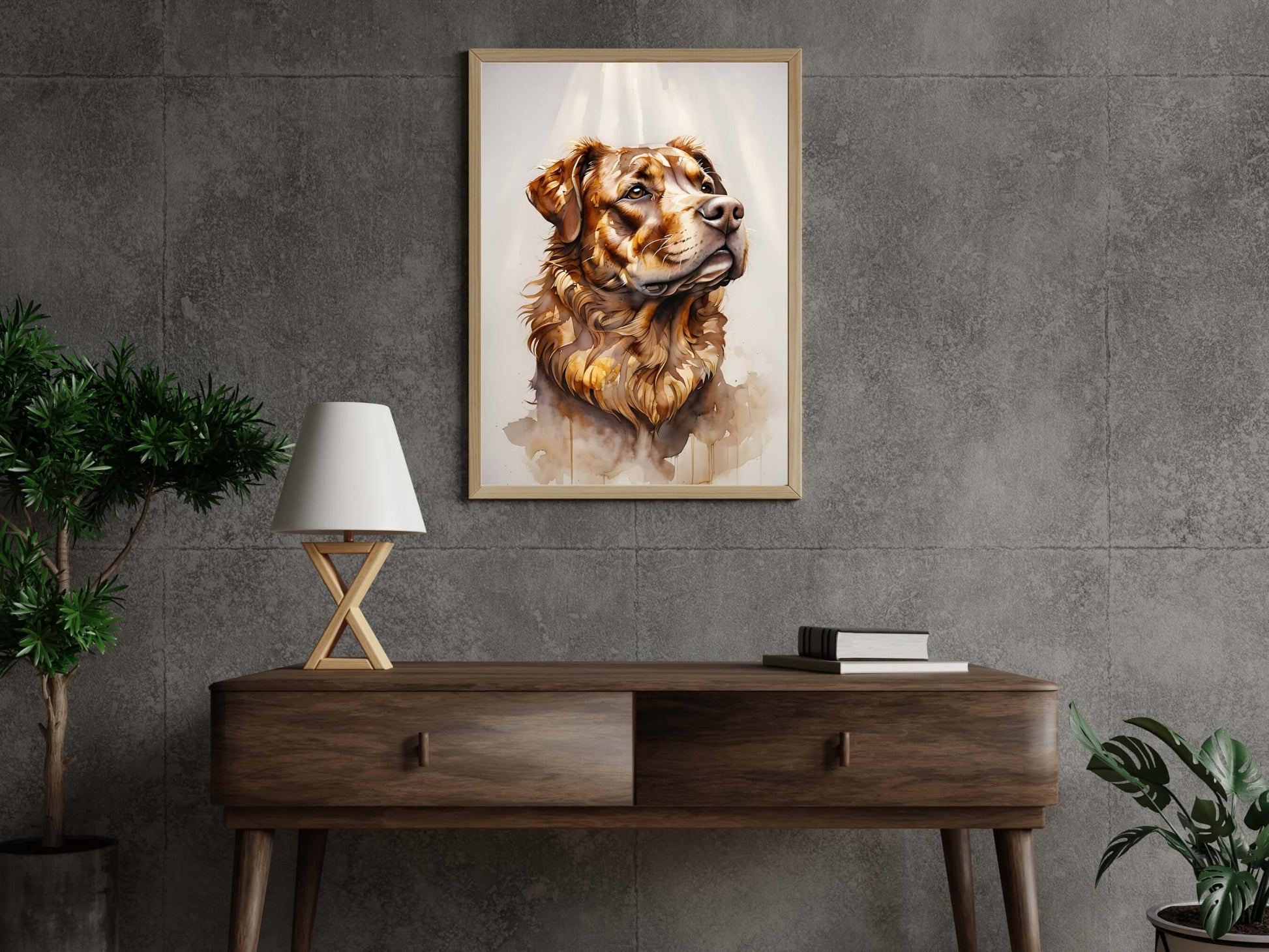 A framed artwork of a dog looking up, with a soft background light

