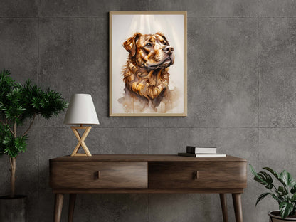 A framed artwork of a dog looking up, with a soft background light

