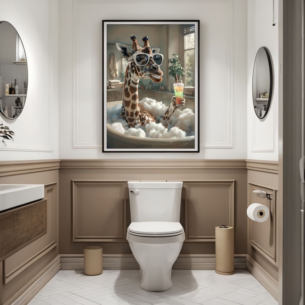 A print emphasizing the lavish, bubble-filled bath and the giraffe's sophisticated indulgence.