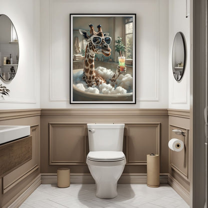 A print emphasizing the lavish, bubble-filled bath and the giraffe's sophisticated indulgence.