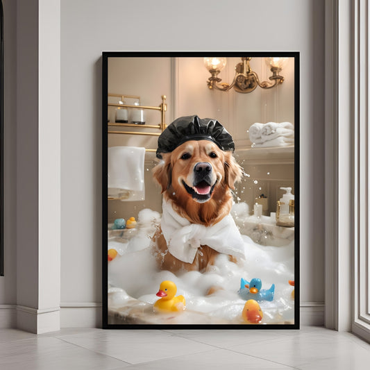 A humorous and elegant portrait of a Golden Retriever enjoying a bubble bath in a luxurious setting.