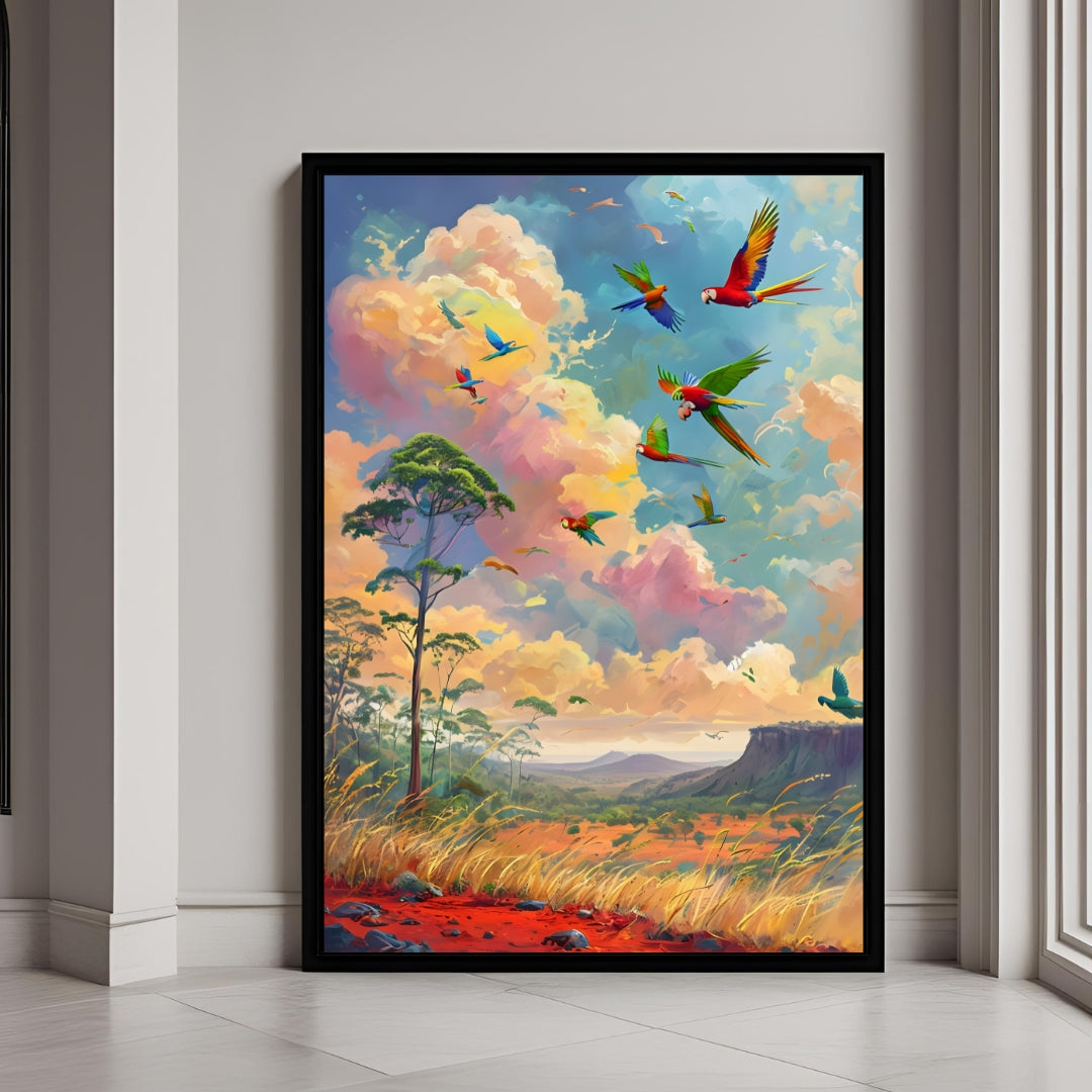 A beautiful framed art print of multiple vibrant macaws flying over a lush tropical landscape.