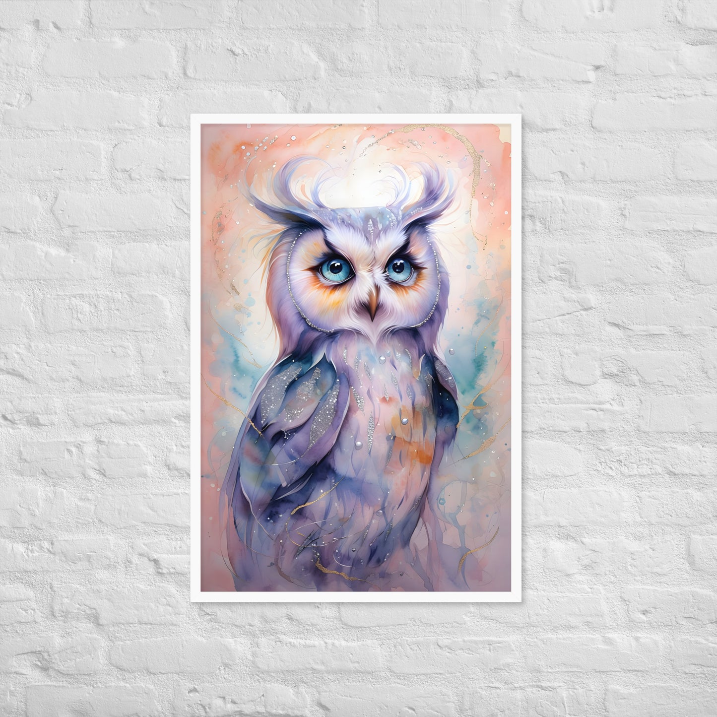 A wide shot of the framed print, showcasing the owl's mystical appearance and the beautiful flow of the watercolor paint.
