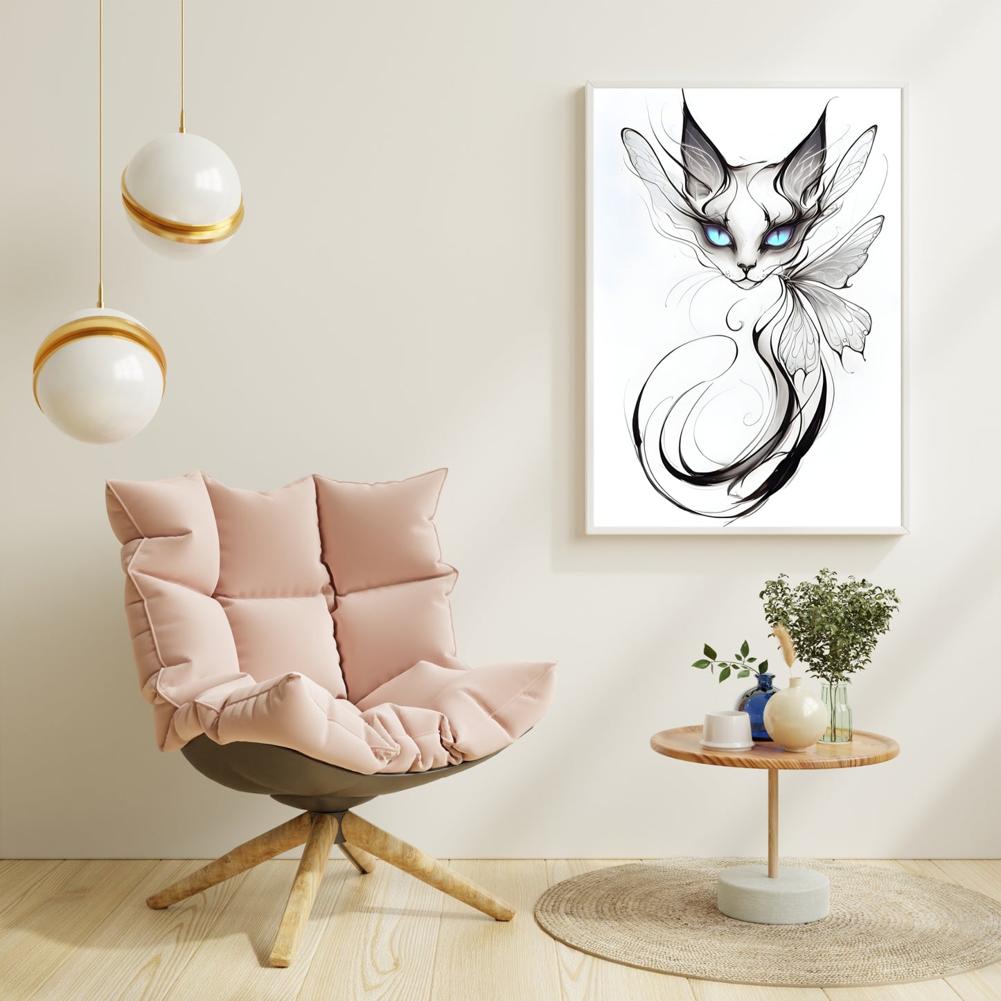 A full-view shot showcasing the magical feline's sleek, unique design and sophisticated gray and black tones.