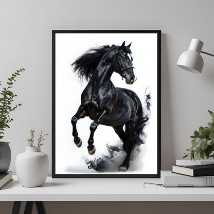 A digital artwork of a black stallion in a powerful, rearing pose.


