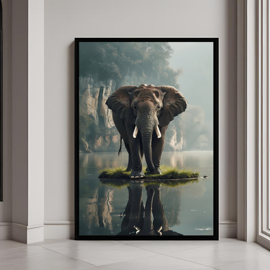 A framed print of a powerful elephant standing peacefully, perfectly reflected in still water.