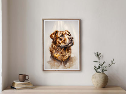 A beautiful golden retriever portrait with artistic watercolor drips