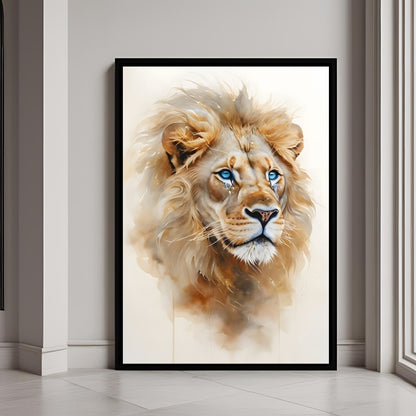 A beautiful framed art print featuring a powerful lion with a magnificent mane and striking blue eyes.