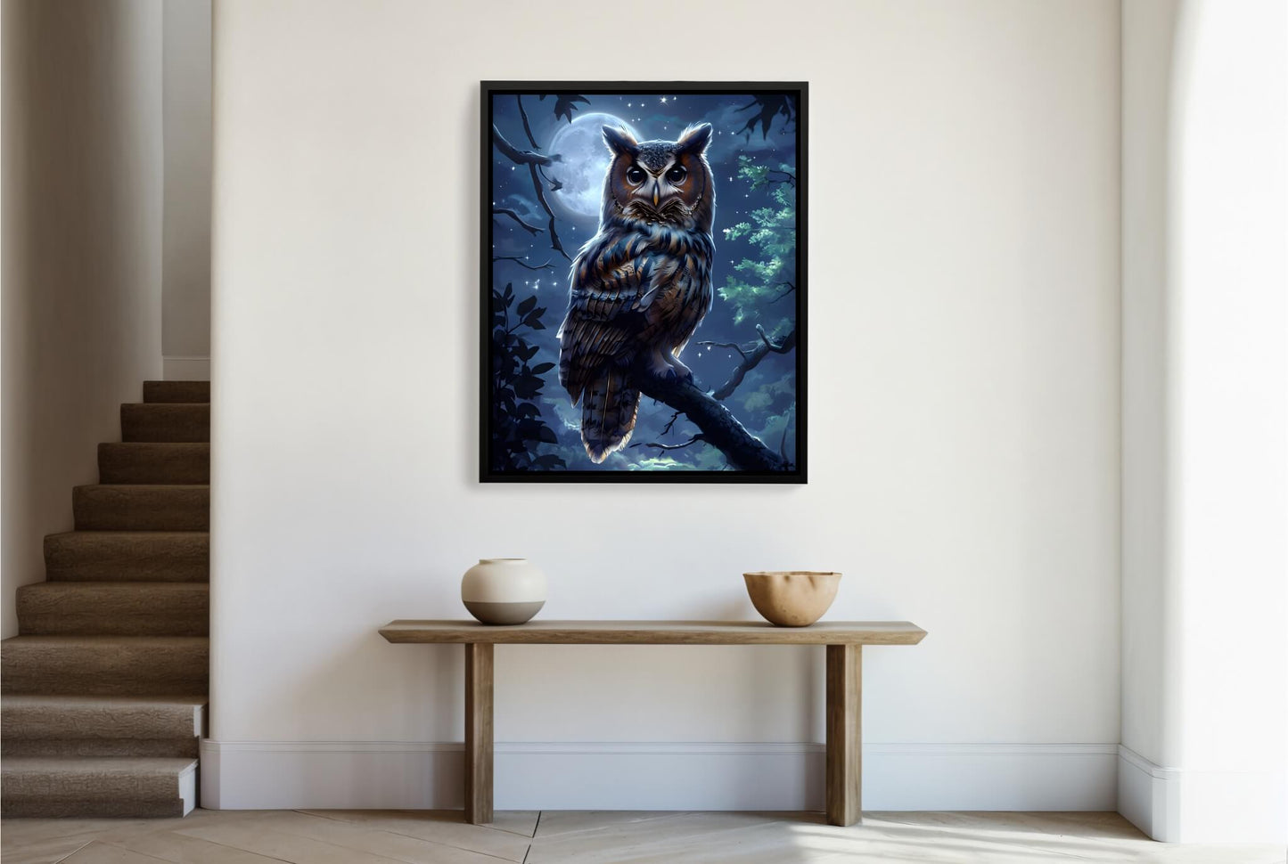 A full-view shot of the framed print, showing the imposing and mystical look of the owl in the moonlight.