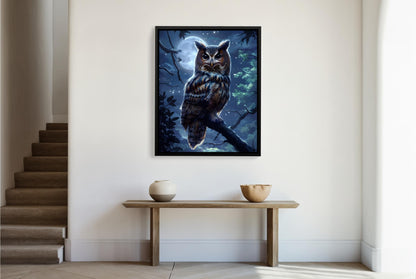 A full-view shot of the framed print, showing the imposing and mystical look of the owl in the moonlight.