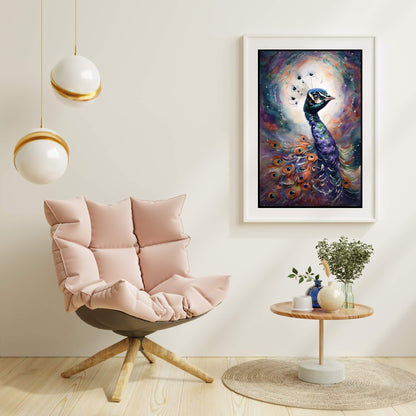 A full-view shot of the framed print, showing the majestic pose and full-feathered tail of the peacock.
