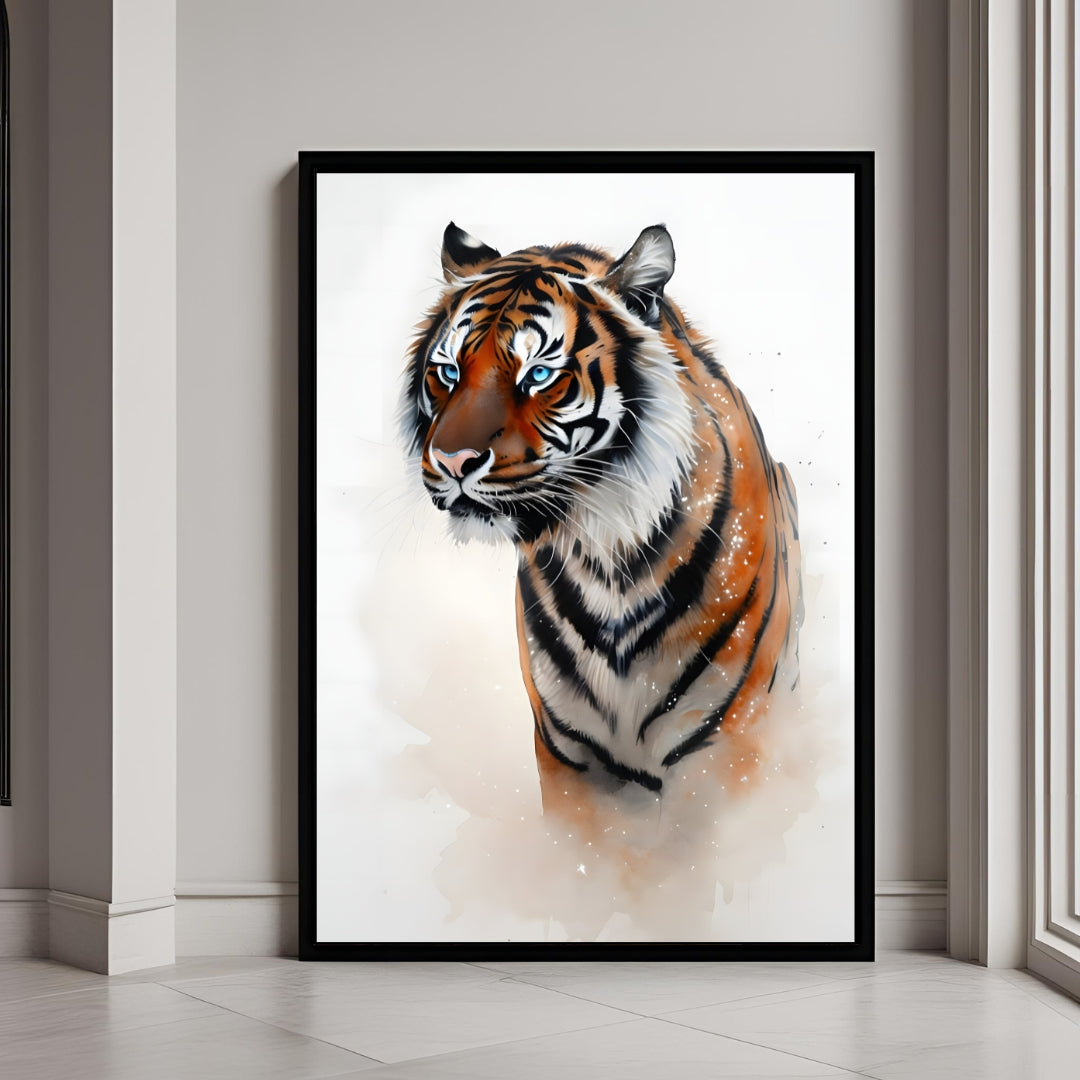A beautiful framed art print of a magnificent tiger with mesmerizing blue eyes.
