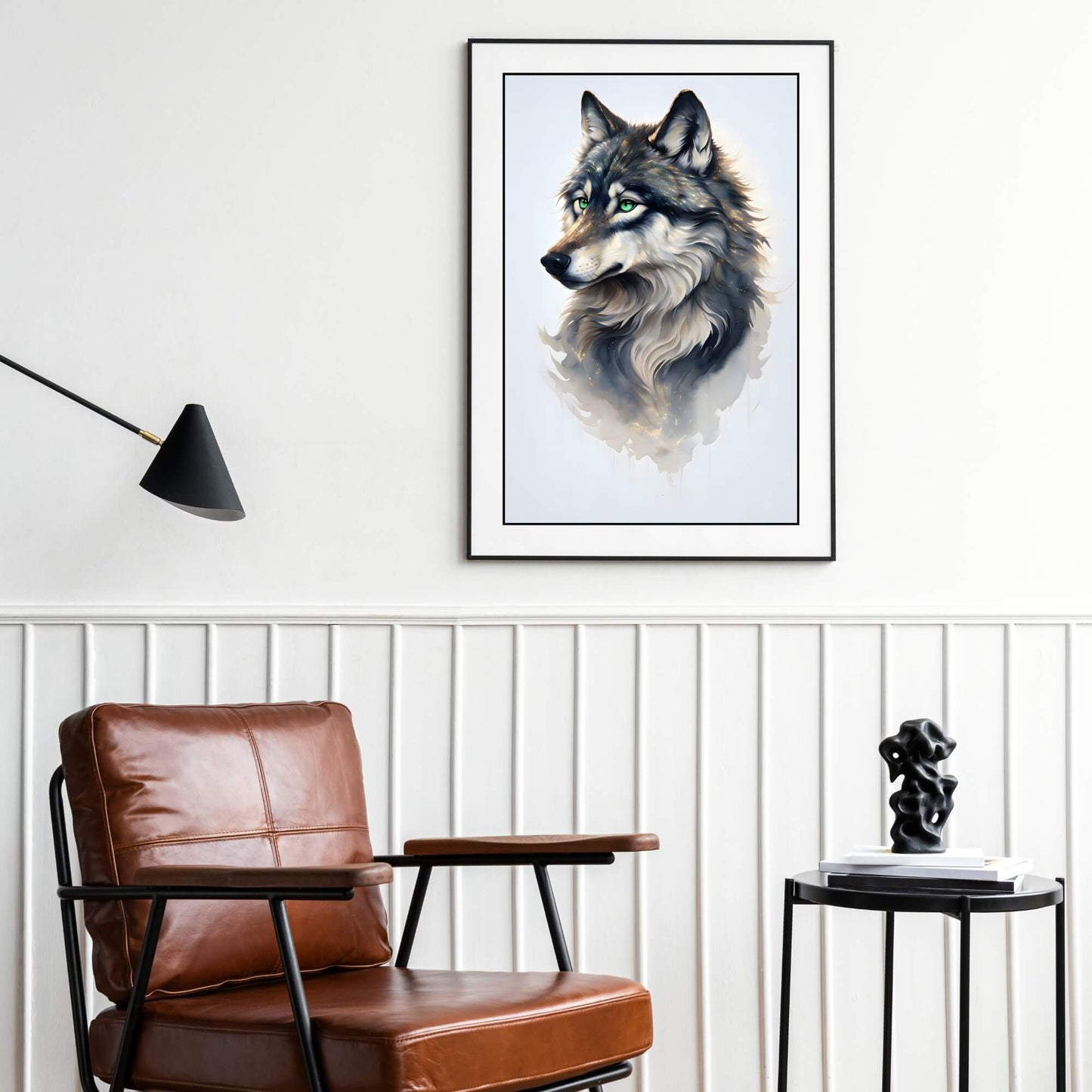 A high-quality piece of wall decor featuring a majestic watercolor wolf, perfect for adding a touch of elegance to any room.