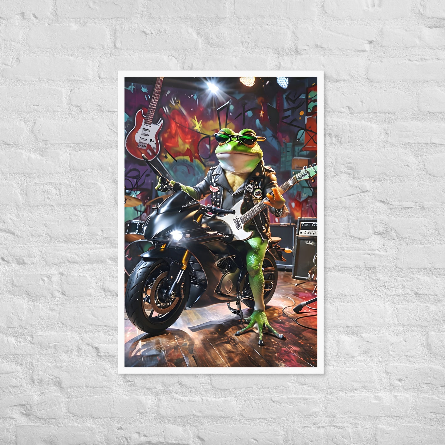 A wide shot of the framed art showcasing the frog's edgy charm, an ideal piece for any music-themed wall.