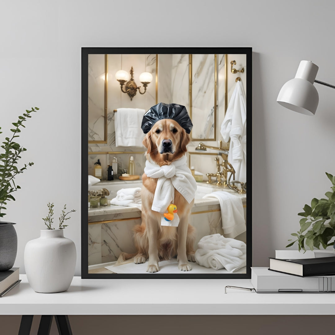 A full view of the framed print, showcasing the elegant marble backdrop and gold fixtures.