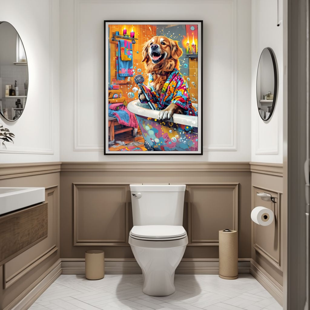 A vibrant, maximalist art print featuring a dog in a bathroom with colorful tiles and towels.