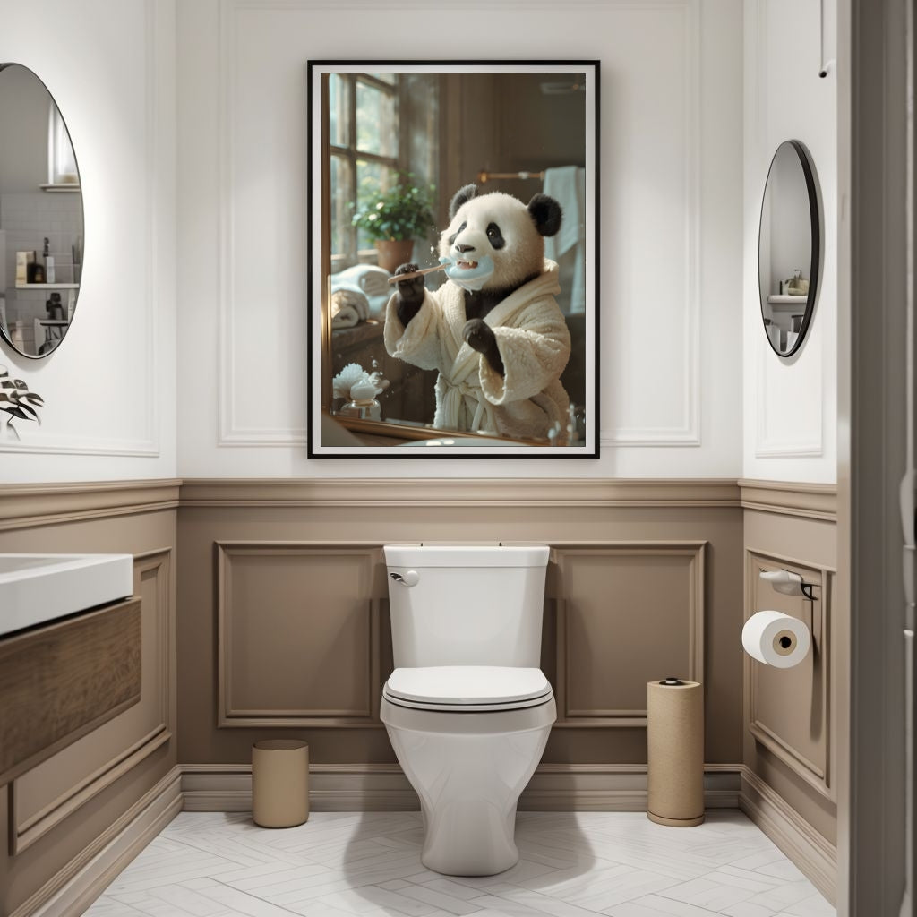 A humorous portrait of the Panda with toothpaste foam around its mouth, creating a funny, relatable moment.