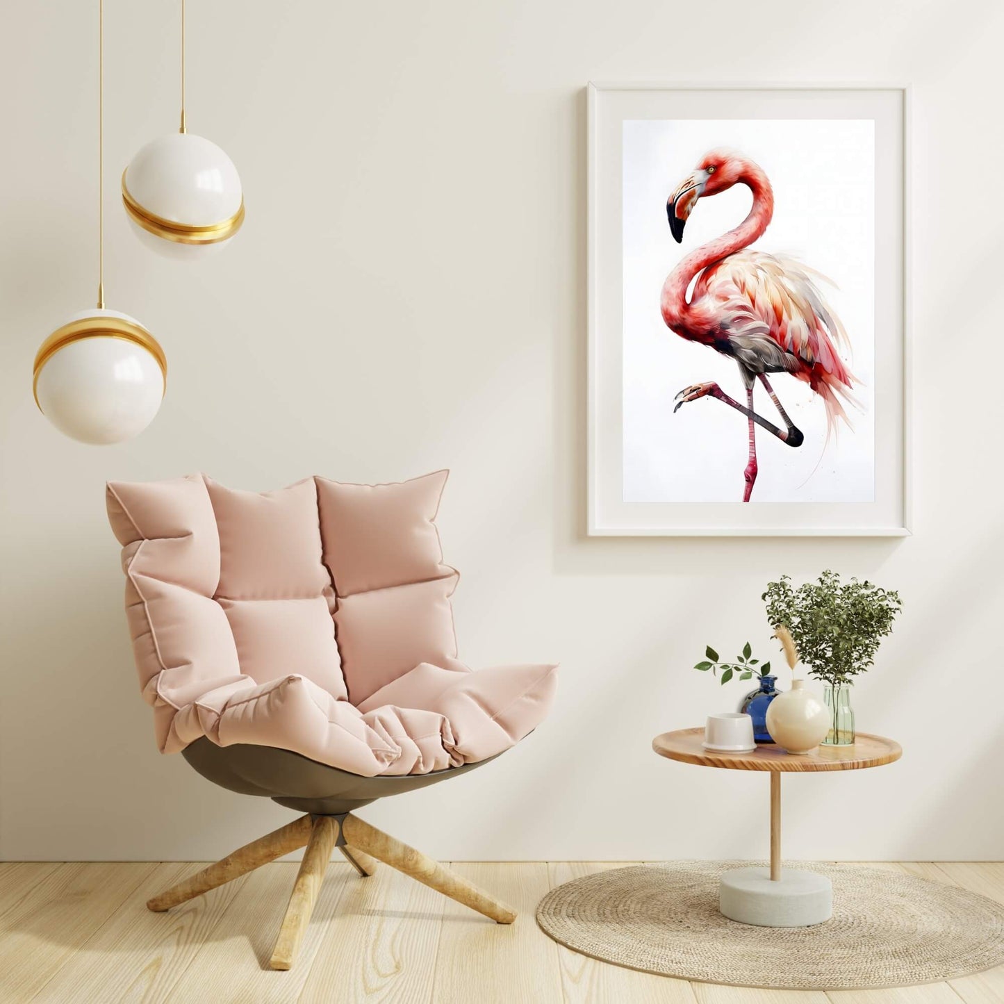An elegant, minimalist watercolor print of a pink bird, suitable for a serene wall.