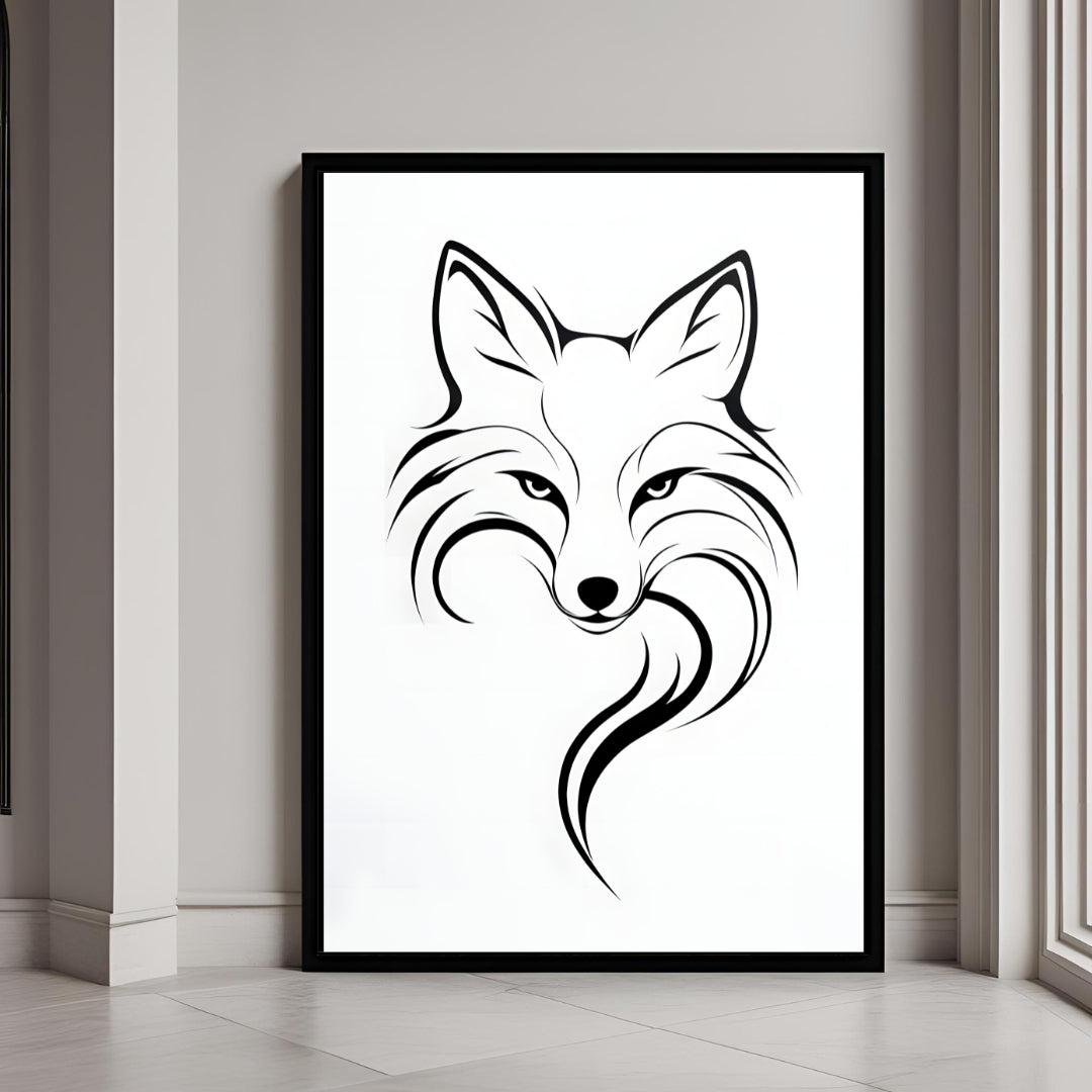A simple and elegant framed art print of a black and white minimalist fox.