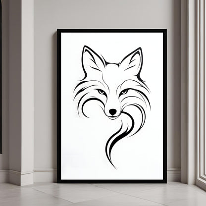 A simple and elegant framed art print of a black and white minimalist fox.