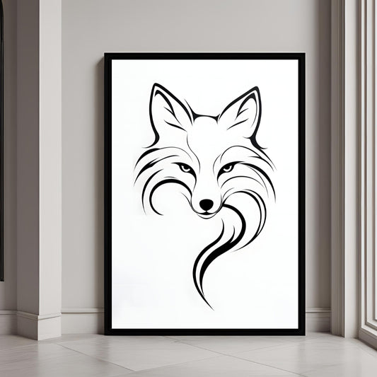 A simple and elegant framed art print of a black and white minimalist fox.