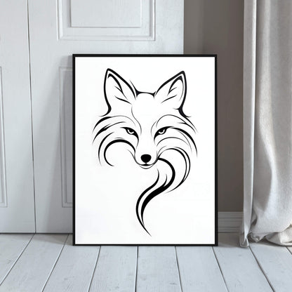 The framed fox print hanging on a wall, showcasing its neutral color palette and its suitability for an office or bedroom.