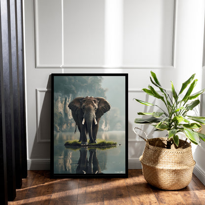 A powerful focal point print showing the elephant against a backdrop of towering, misty mountains.
