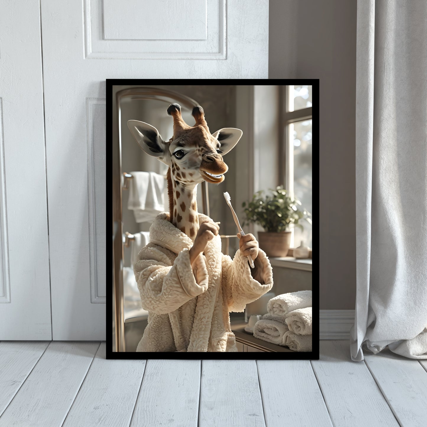 A full-view of the print showcasing the modern bathroom setting and the stylish giraffe.
