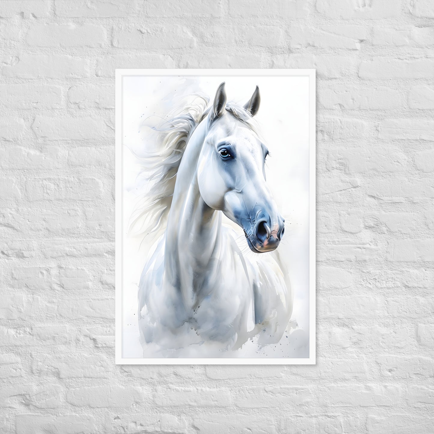 The framed horse print hanging in a room with modern farmhouse decor, demonstrating how it fits into a home setting.


