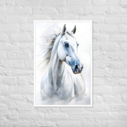 The framed horse print hanging in a room with modern farmhouse decor, demonstrating how it fits into a home setting.

