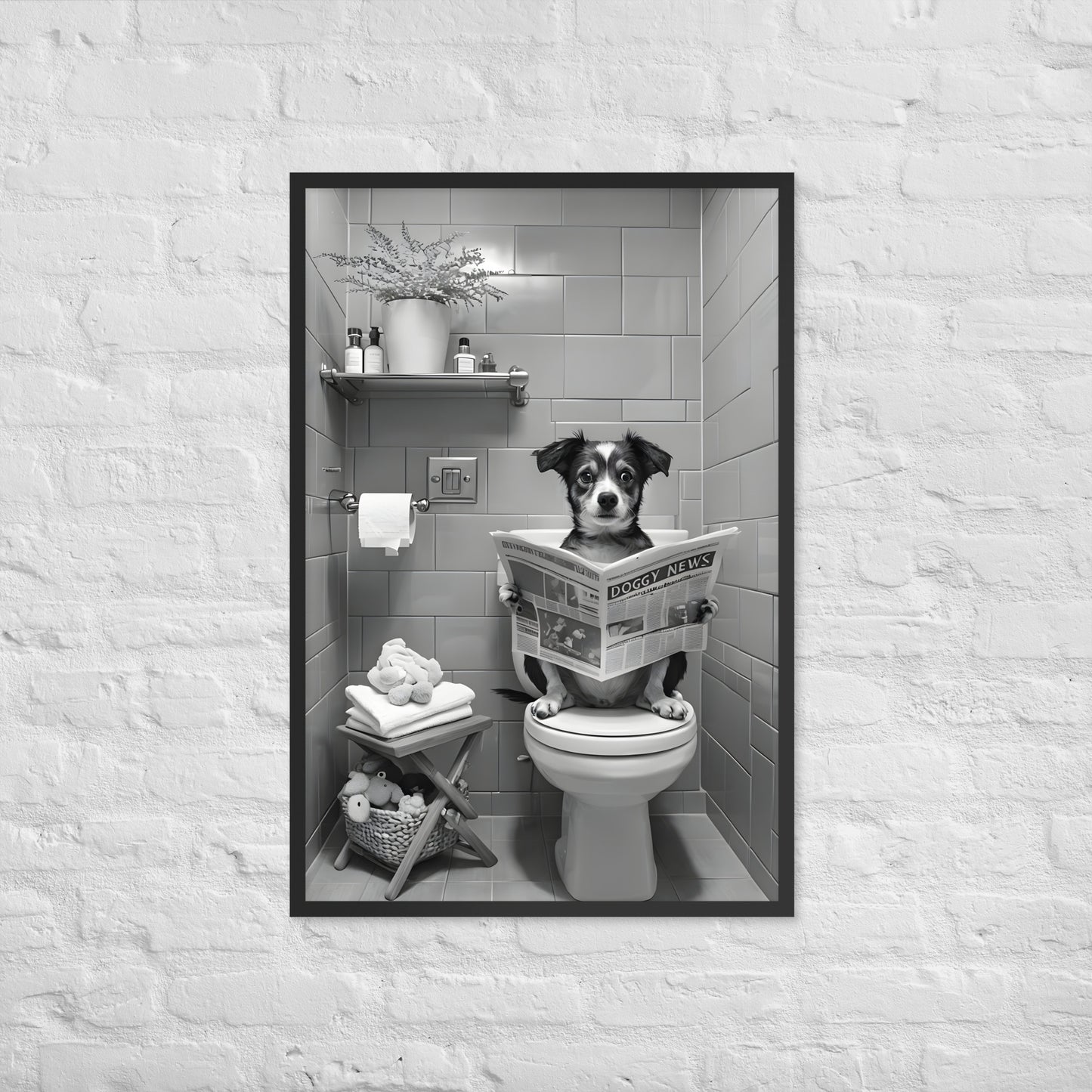A bold, modern print with humorous undertones, ideal for adding a lighthearted statement to a guest bath.