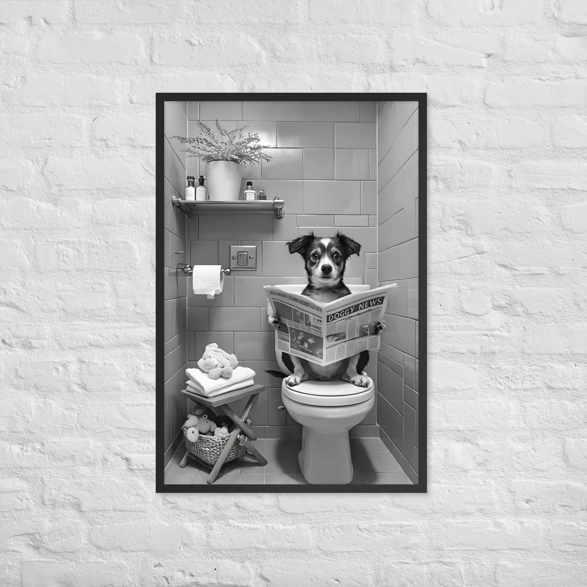 A bold, modern print with humorous undertones, ideal for adding a lighthearted statement to a guest bath.