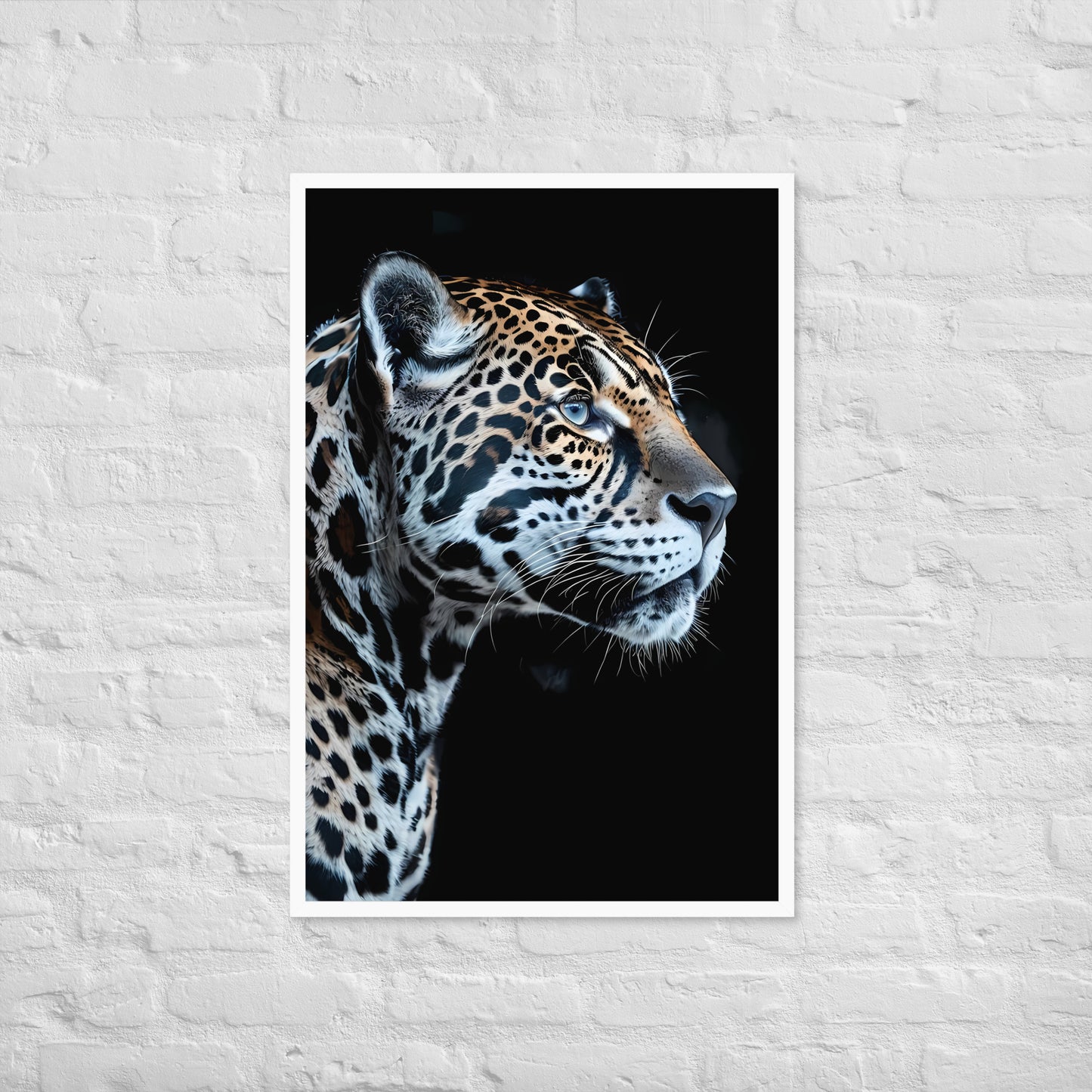 A full view of the framed print, showcasing the high-impact visual of the animal against the stark black canvas.