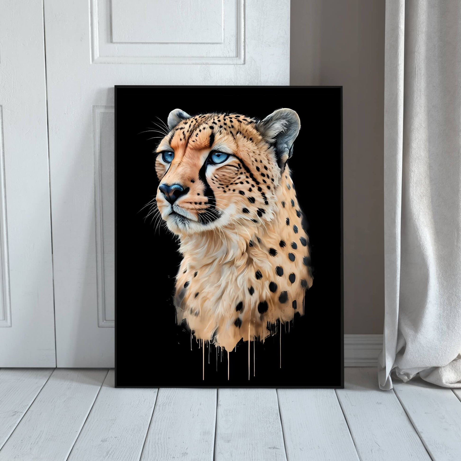 An artwork blending modern watercolor techniques with drip effects, capturing the cheetah's speed and elegance.
