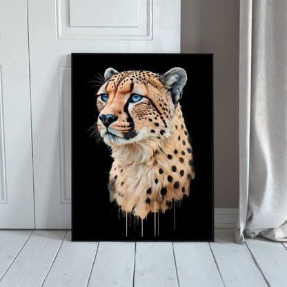 An artwork blending modern watercolor techniques with drip effects, capturing the cheetah's speed and elegance.