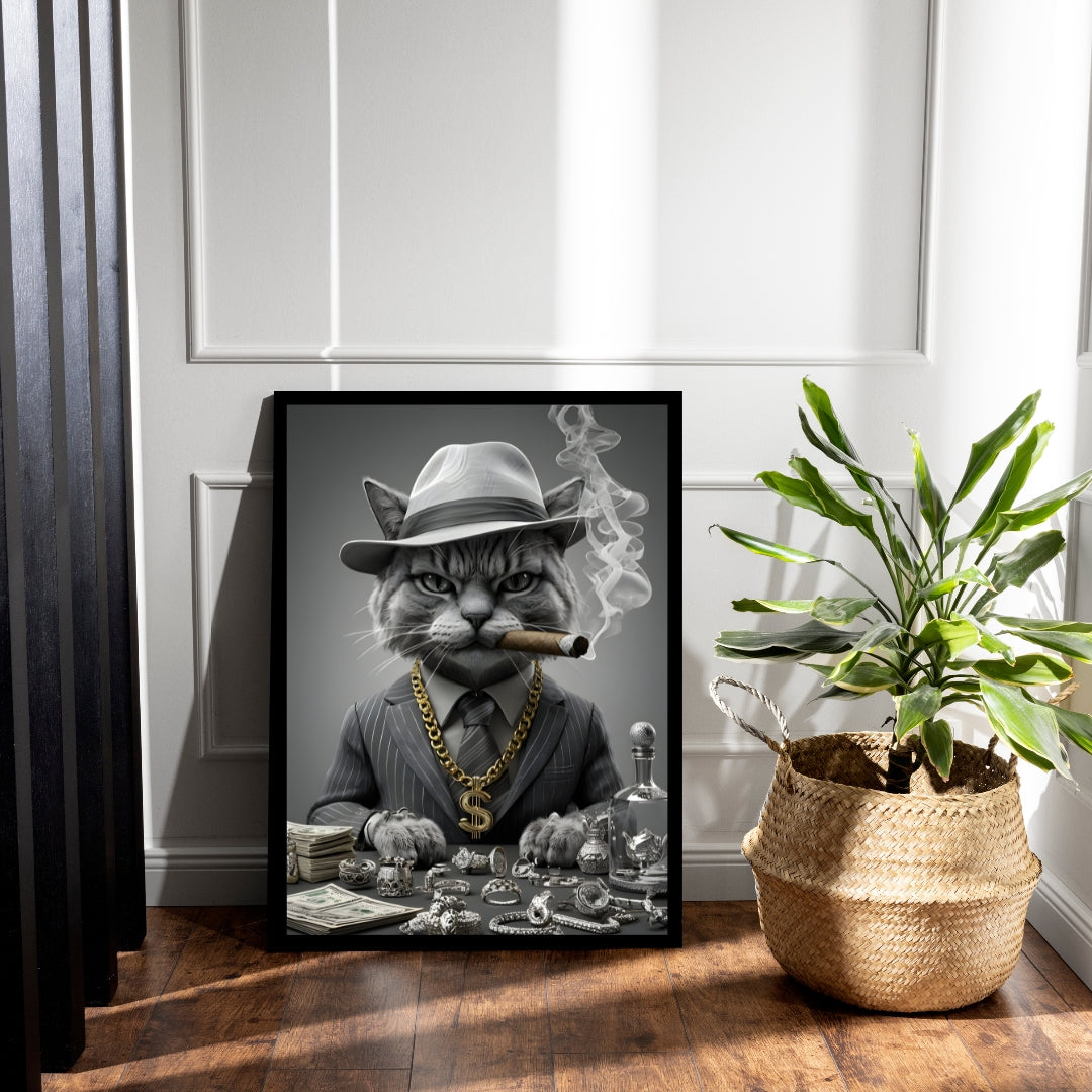 An image embodying luxury and power, with cash and jewelry surrounding the sophisticated cat.